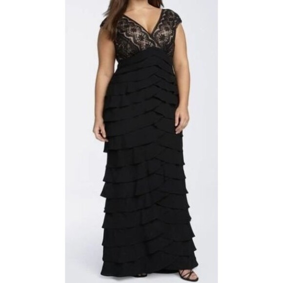 Adrianna Papell Dresses & Skirts - Adrianna Papell 20W Black Nude Lace Tiered Ruffle Maxi Formal Evening Gown Plus